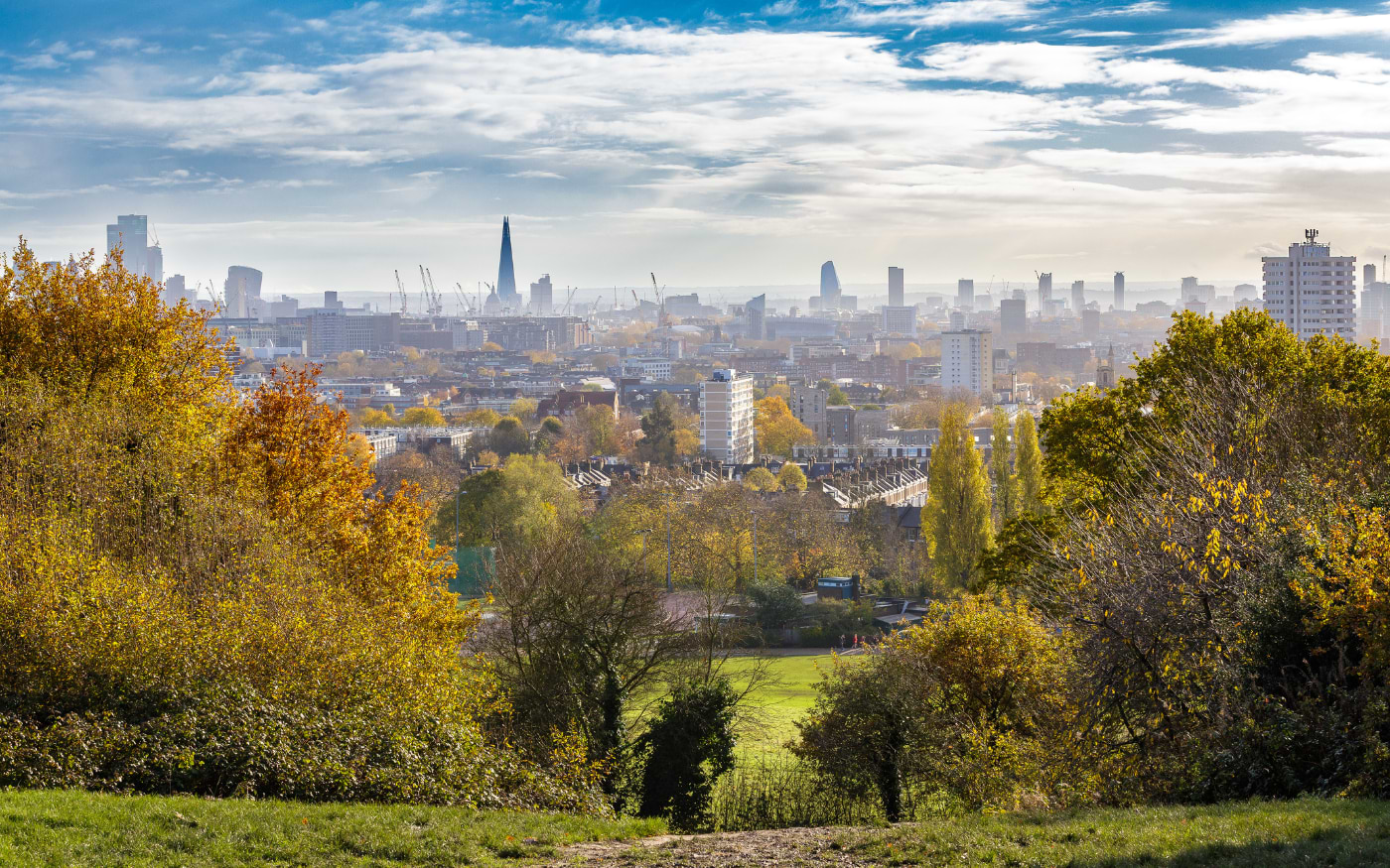 Autumn view from Hampstead Heath over north London rooftops towards The Shard, a free London viewpoint