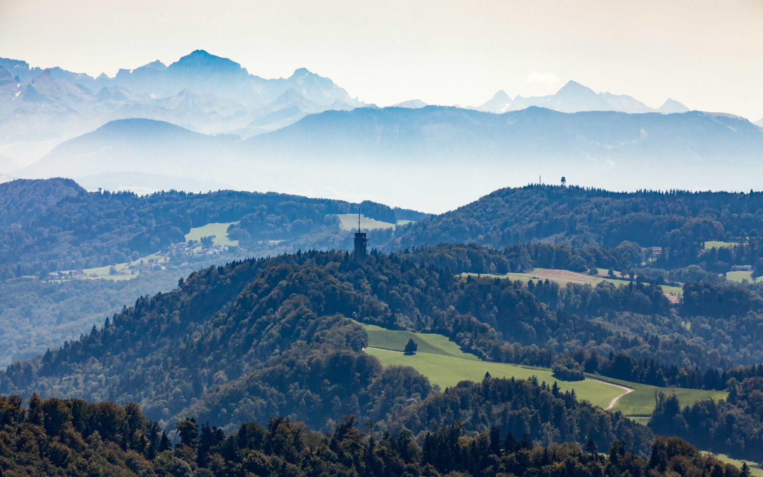 Forested ridge with a lookout tower and misty Alpine peaks on the Uetliberg to Felsenegg hike near Zurich