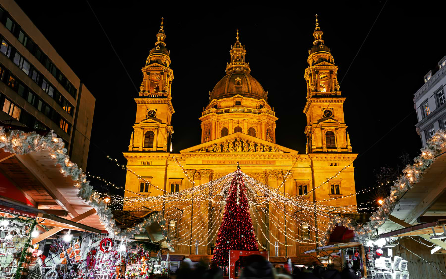 Festively decorated stalls at Vörösmarty Square Christmas Market