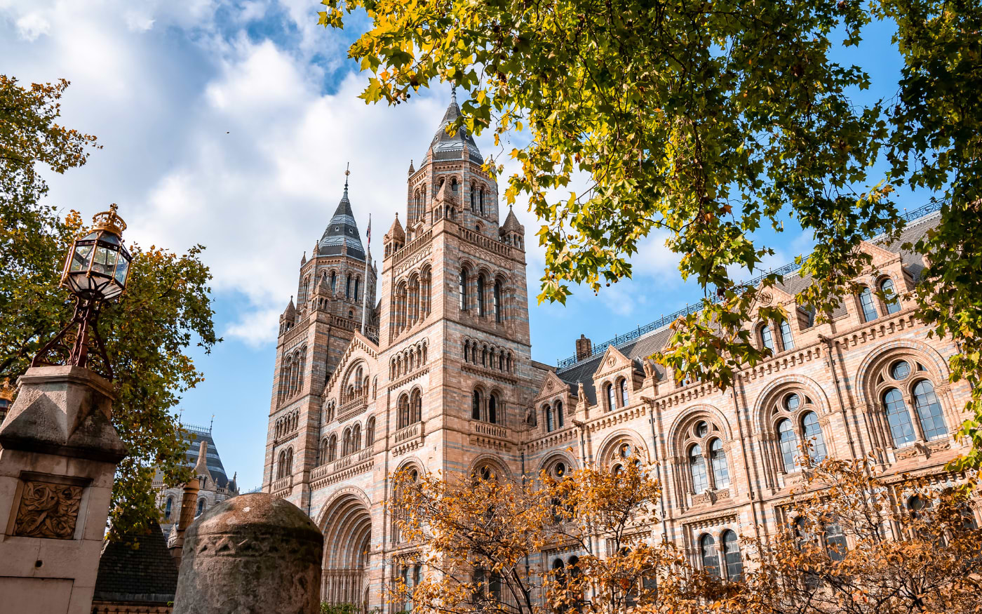 Terracotta towers of the Natural History Museum in South Kensington framed by golden autumn leaves and a vintage lamp