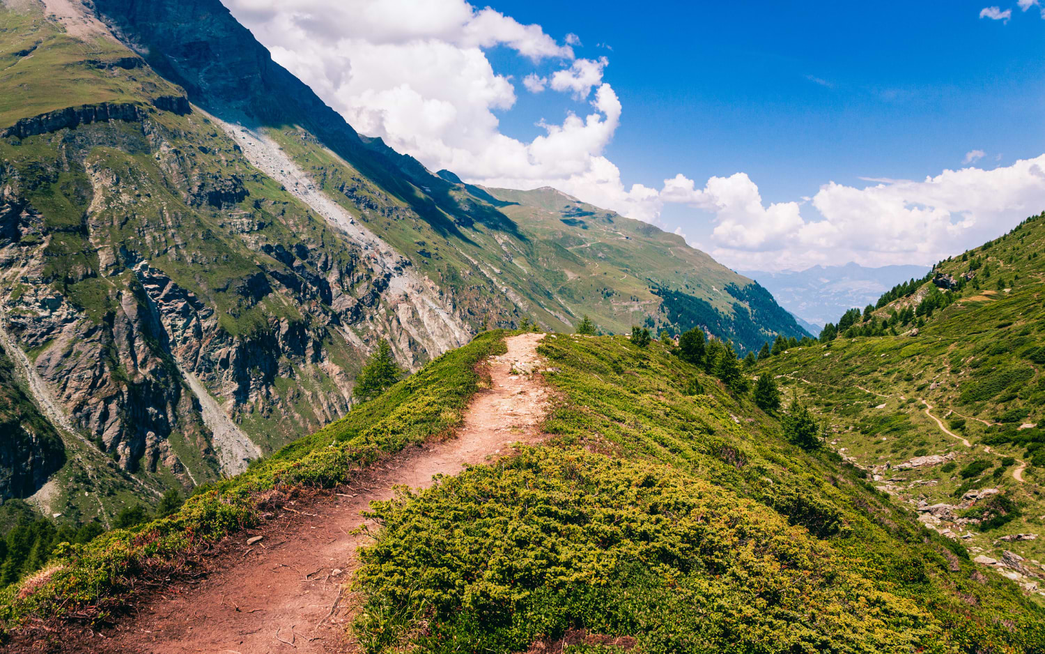 Narrow dirt trail along a green alpine ridge with steep peak, ridge hike near Zurich