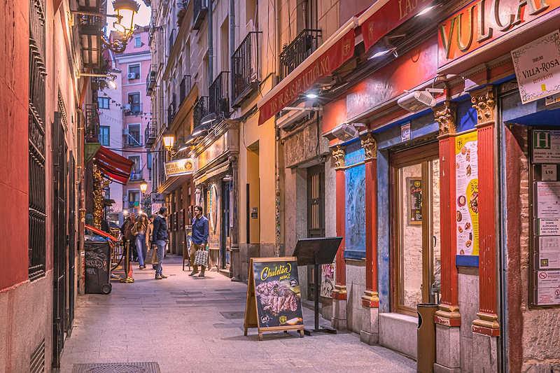 February, 2023. Madrid, Spain. Historic old town in Madrid with vivid nightlife and various restaurants &amp; tourists.