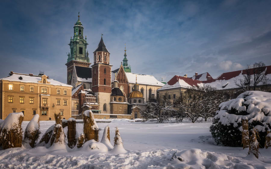 Old Town of Krakow covered in snow