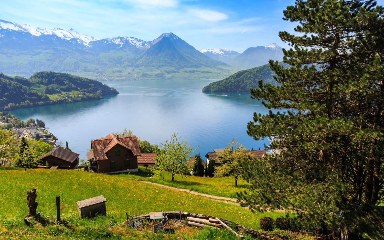 Lake surrounded by green hills and snow-capped Alps, with a chalet in a meadow near the Rigi hiking area
