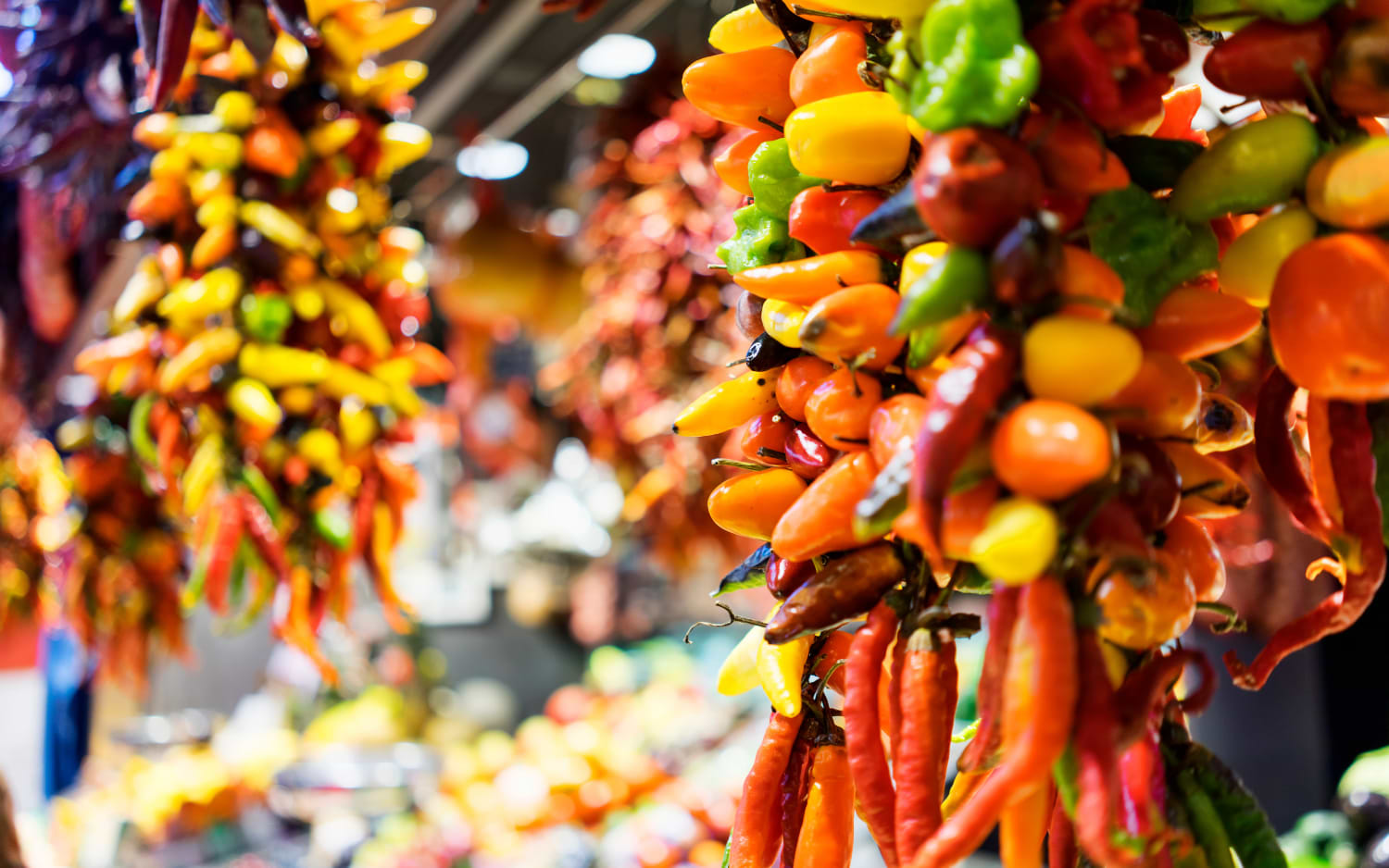 Bundles of colourful chilli peppers and vegetables hang at a bustling food market in Palma de Mallorca, glowing under warm market lights.