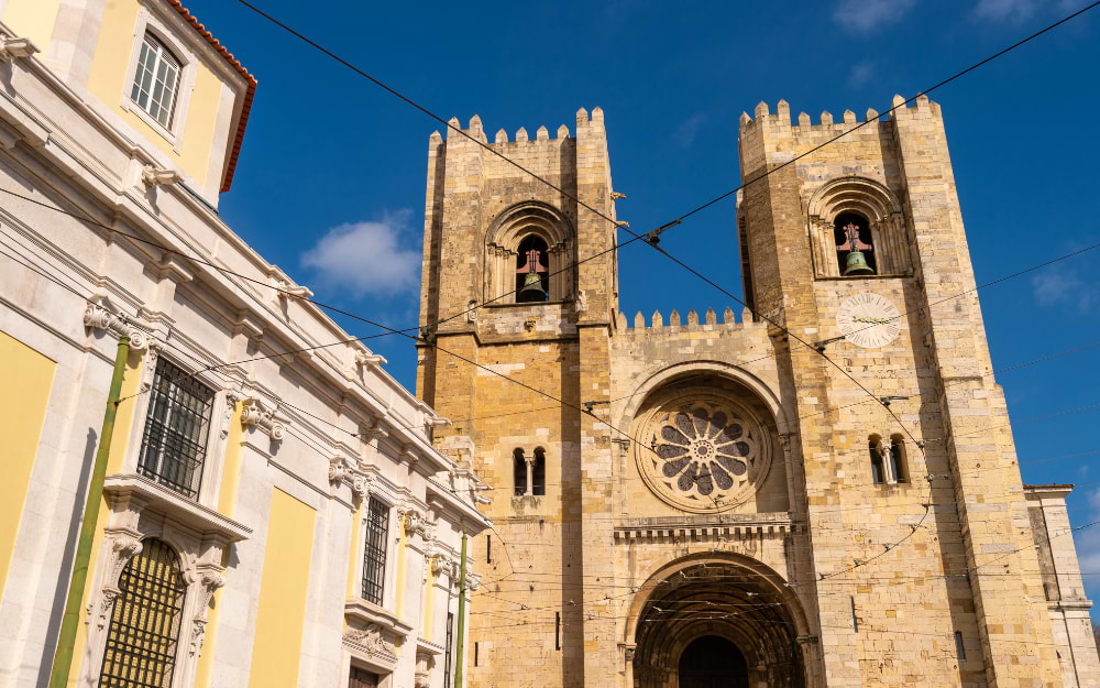Facade of Lisbon Cathedral (Sé de Lisboa), Lisbon, Portugal.