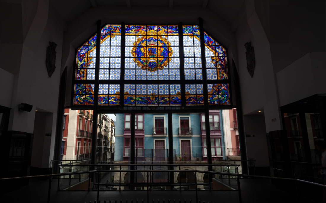 Stained glass window inside the Mercado de la Ribera in Bilbao 