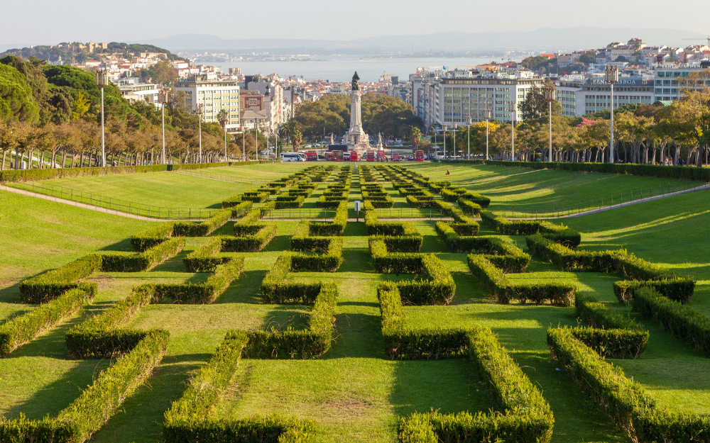 Parque Eduardo VII with its formal gardens in summer, Lisbon, Portugal.