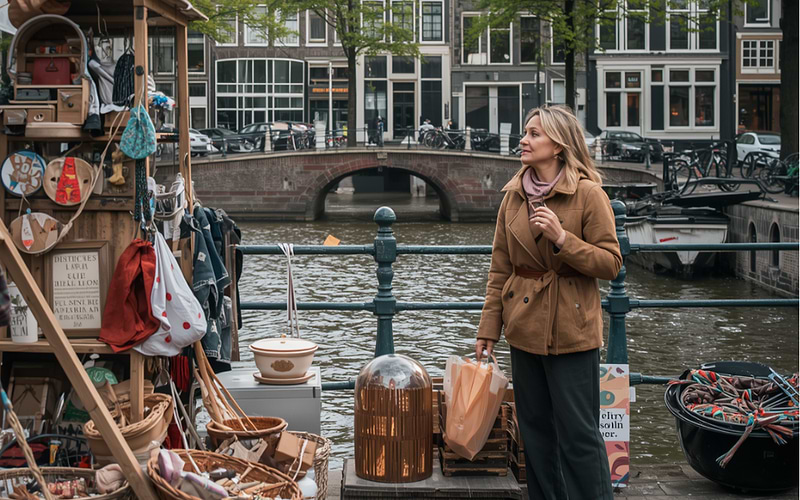A woman browsing stalls of vintage and second hand goods at an Amsterdam street flea market
