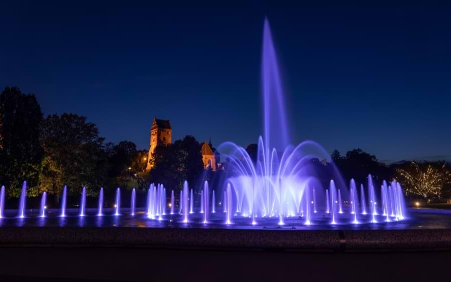 Multimedia Fountain Park at night, Warsaw, Poland
