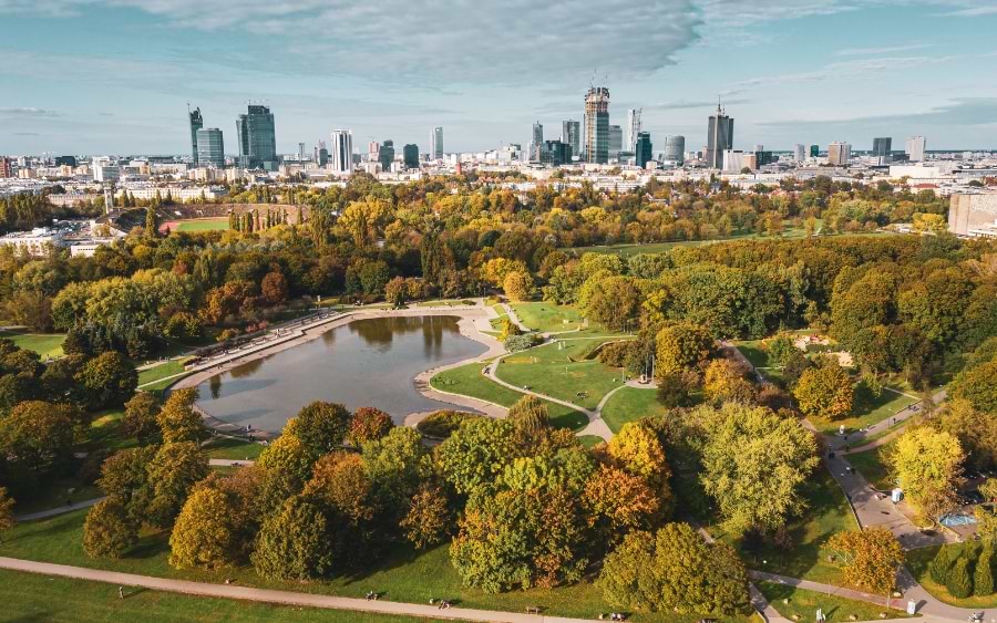 Skyline view of the Pole Mokotowskie Park, Warsaw, Poland
