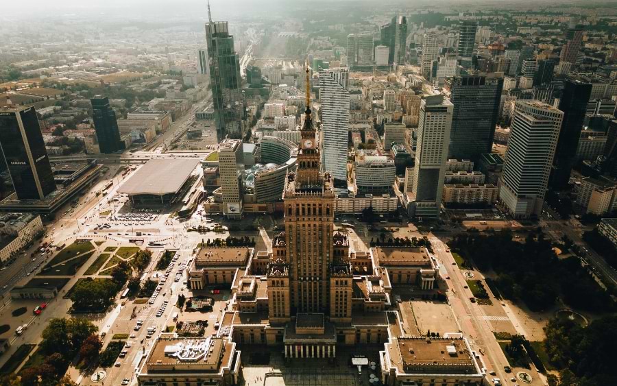 Skyline view of Warsaw with Palace of Culture in the foreground 