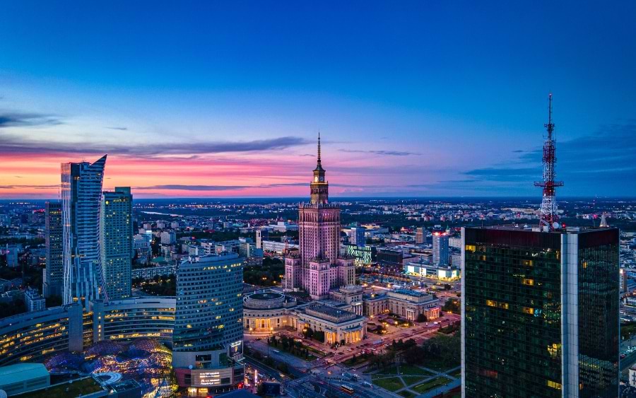 Skyline of Warsaw City at night
