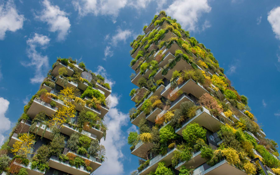 Exterior of Bosco Verticale, a vertical garden building in Milan