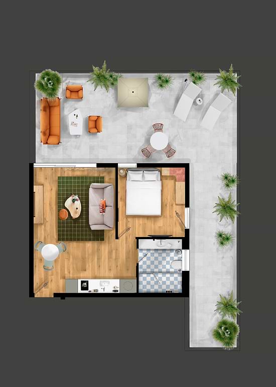 One Bedroom with Large Terrace and Sofa Bed - Layout
